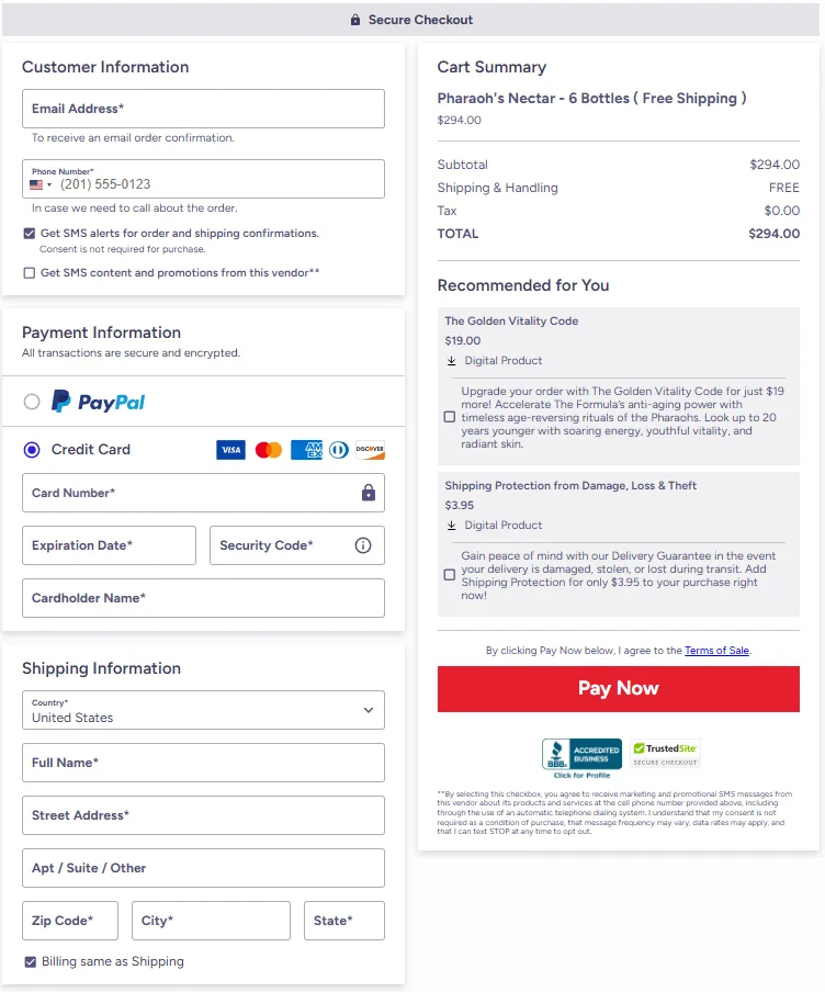 Pharaoh's Nectar Checkout Page